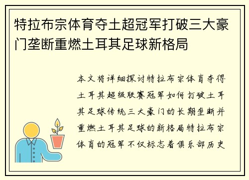 特拉布宗体育夺土超冠军打破三大豪门垄断重燃土耳其足球新格局